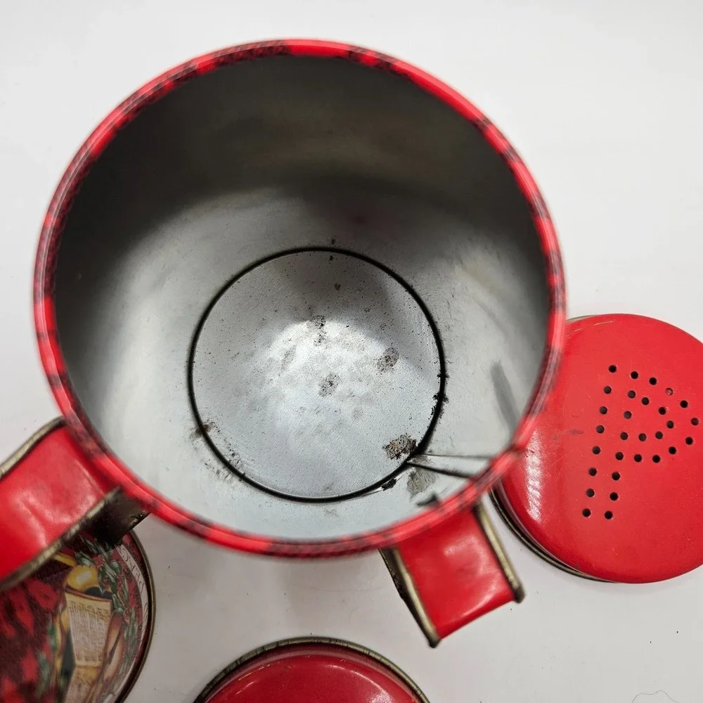 Vintage‎ Christmas Tin Salt & Pepper Shakers Red Musical Instruments Holiday Set